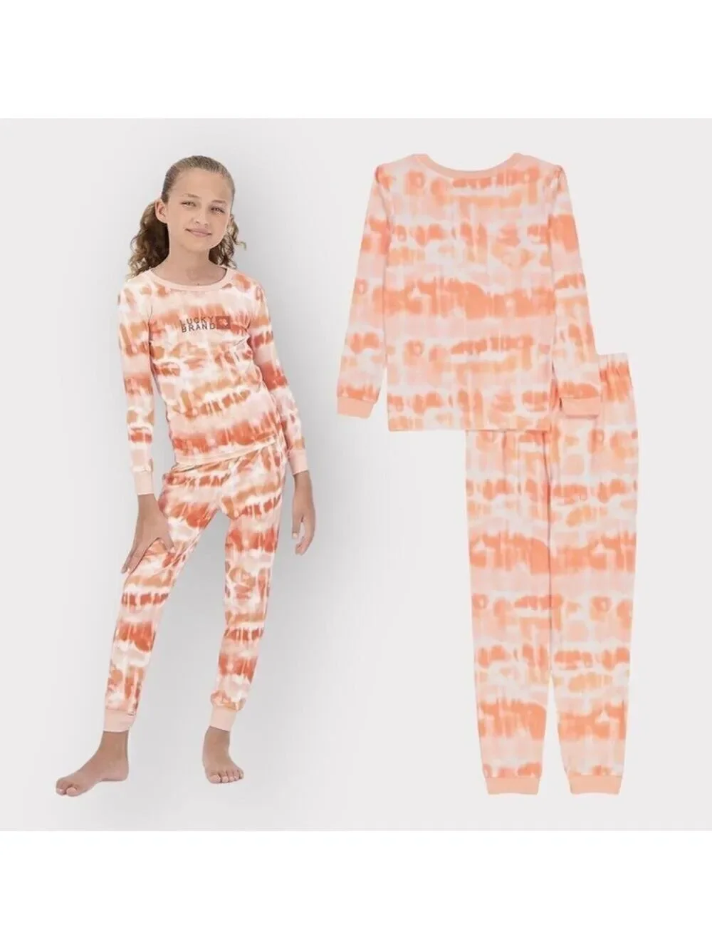 Lucky Brand NEW Long Sleeve Pajama Set Girls sz 4 NWT Coral Orange White Tie-Dye